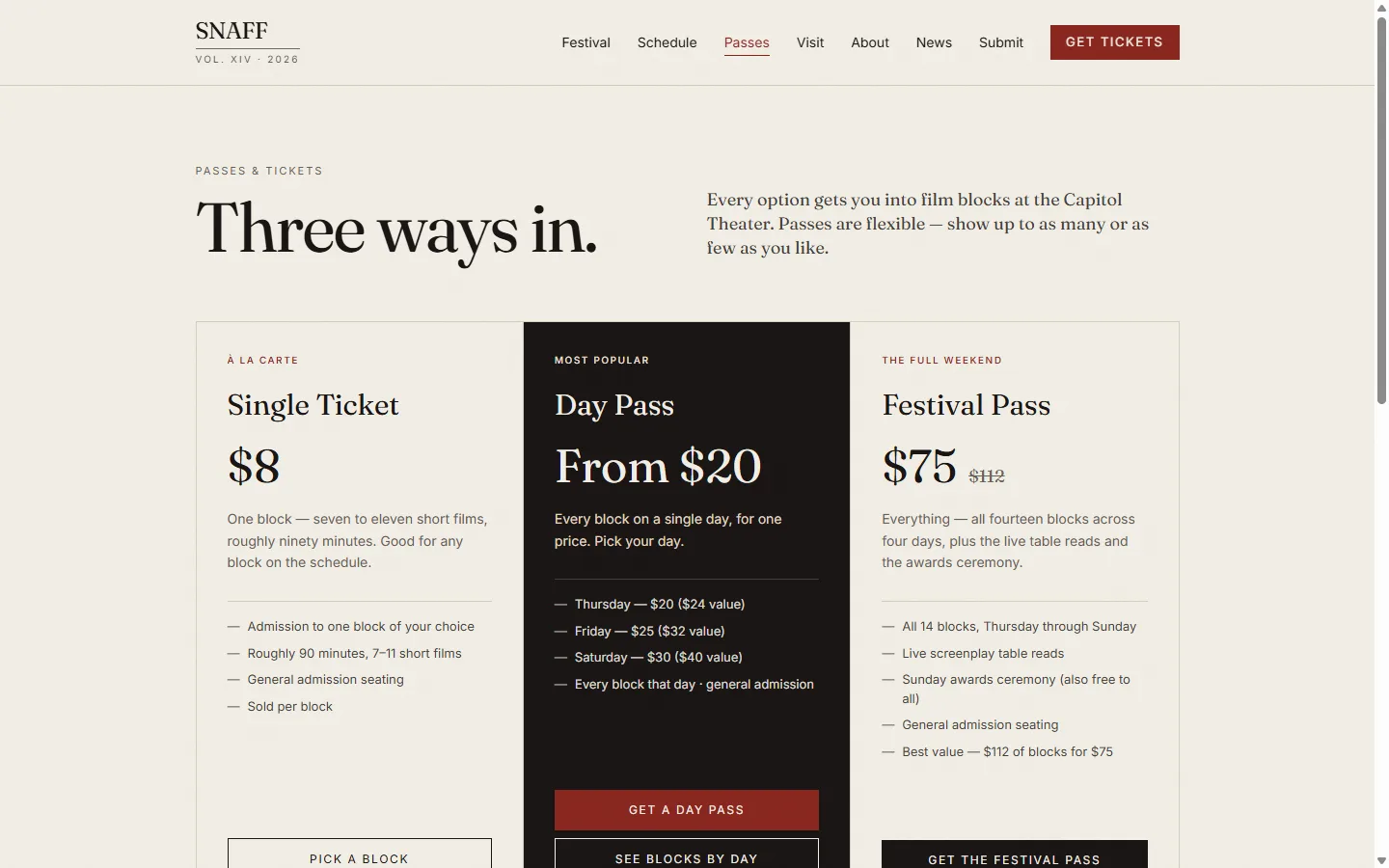 The SNAFF passes page — single ticket, day pass, and festival pass tiers