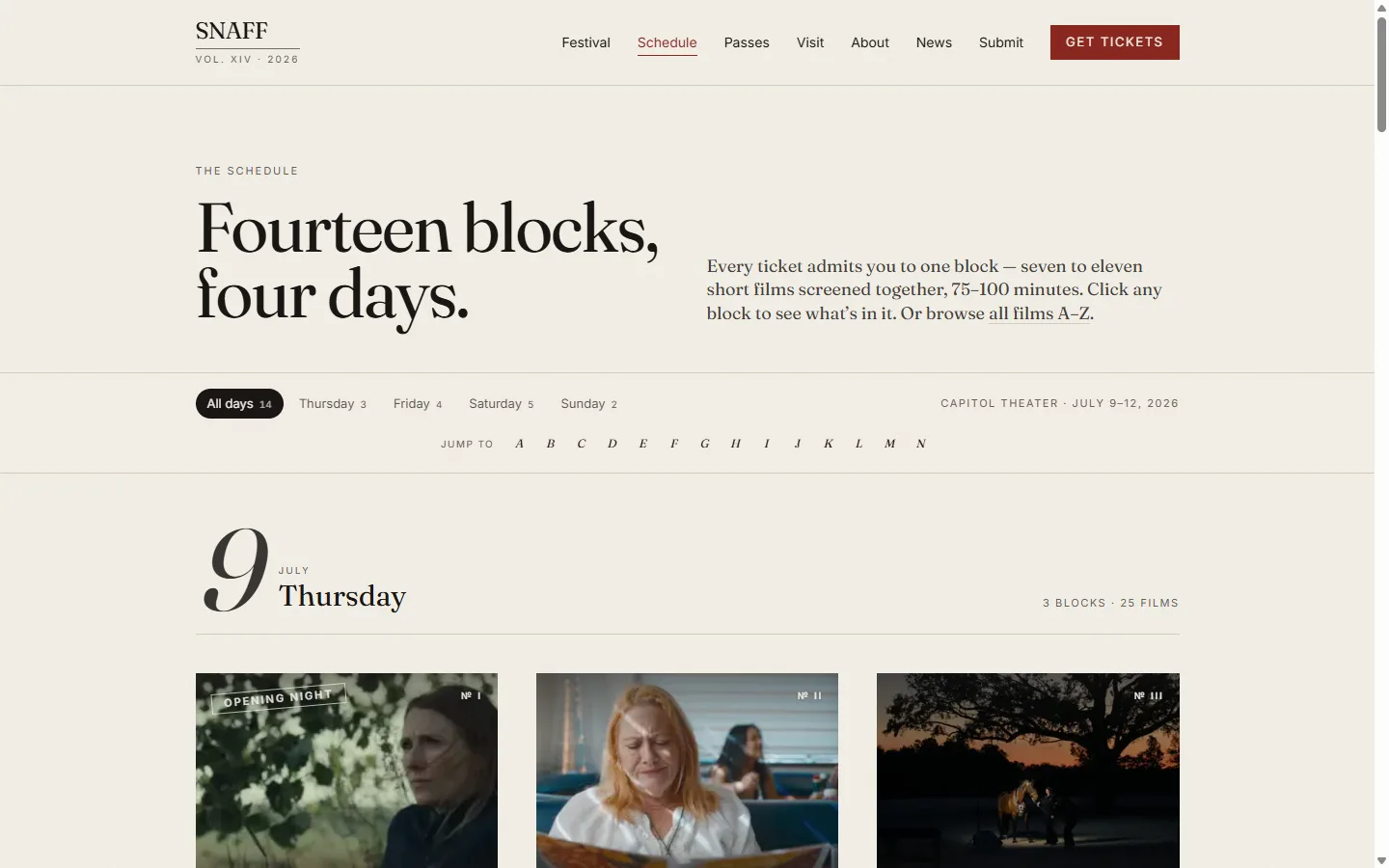 The SNAFF schedule page — fourteen blocks across four days